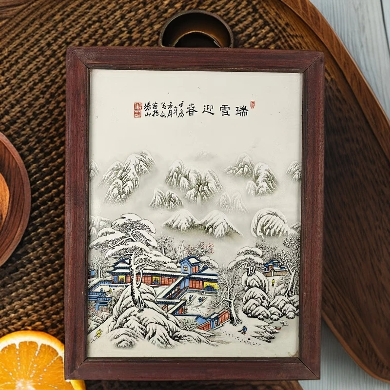 景德镇瓷板画柴窑烧制瑞雪迎春37*29cm实木边框老子画像挂画陶瓷