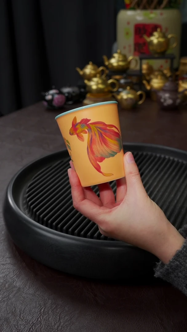 【闪购商品】杯【宜景窑鹅黄】手绘蝶尾鱼桂花可乐杯