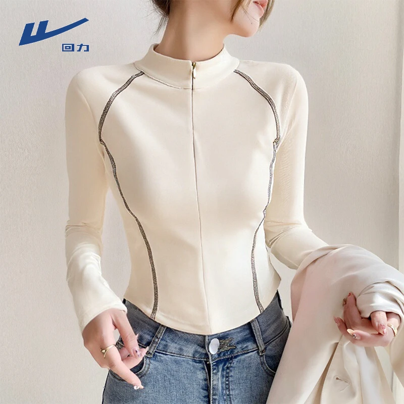 回力修身立领加绒打底衫女内搭杏色2025秋冬新款好看加厚长袖t恤