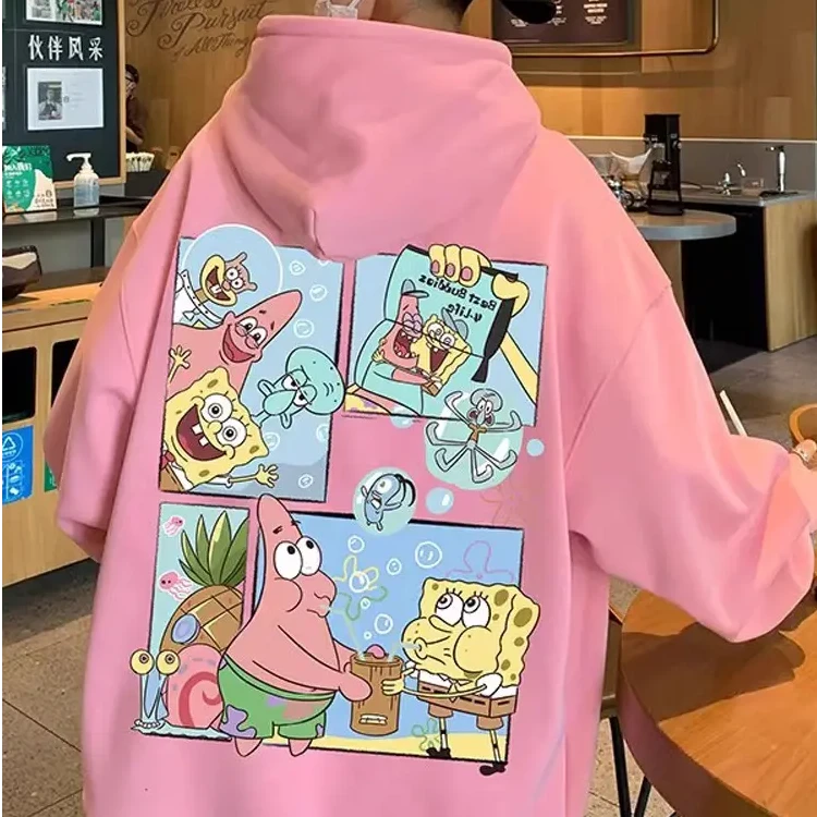 海绵宝宝重磅印花连帽卫衣男秋冬季加绒加厚美式高街宽松外套上衣