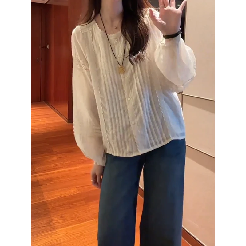 惊艳感满满！法式高级感宽松上衣2025甜美刺绣韩系泡泡袖短款衬衫