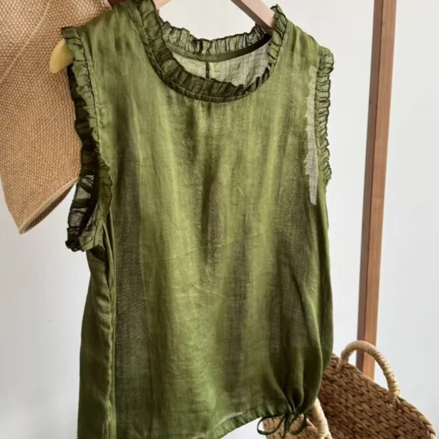 夏季木耳领宽松凉快背心搭舒适文艺无袖上衣女