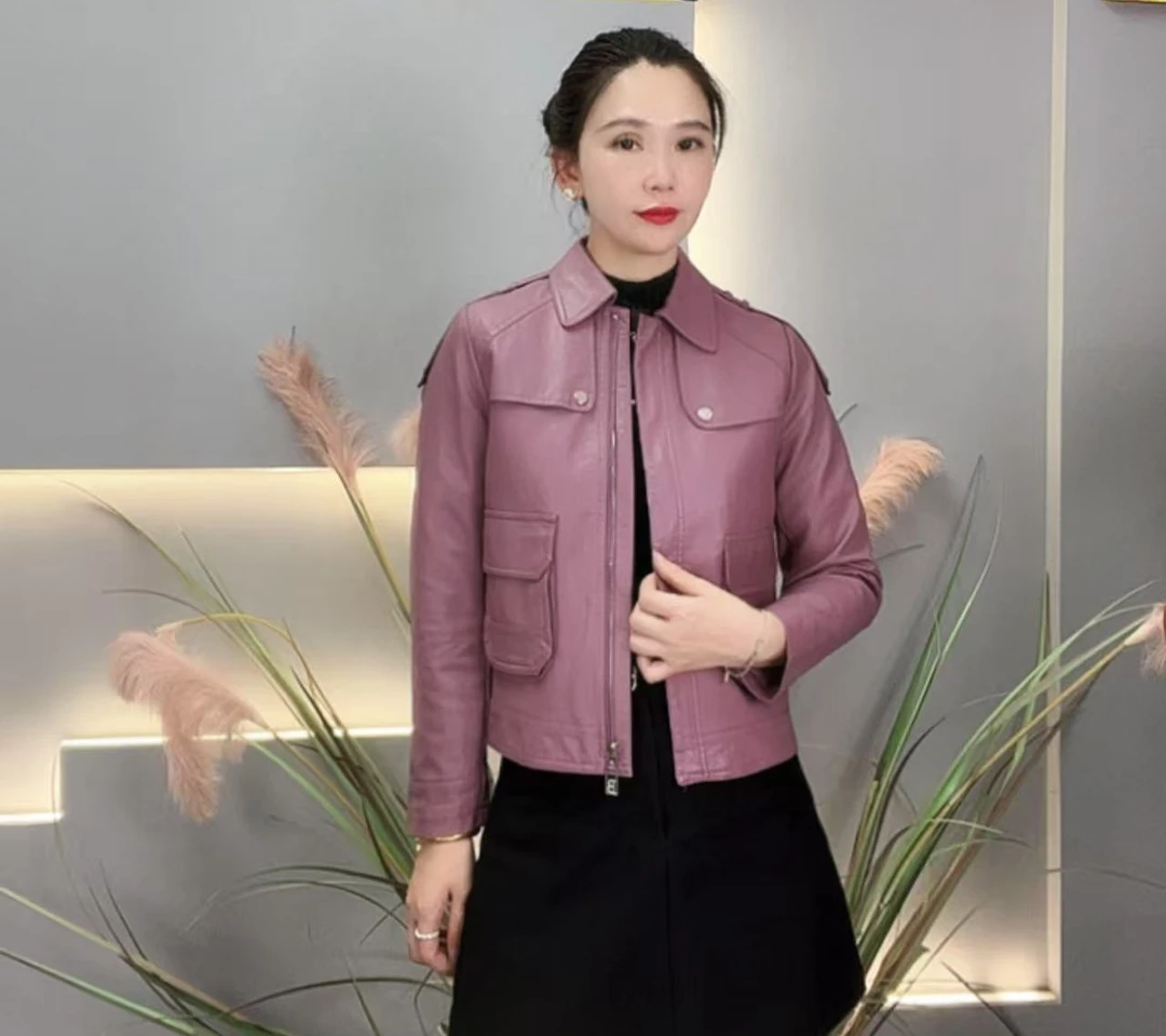 【新粉专享】海宁正品2025春秋新款时尚洋气休闲女士皮衣