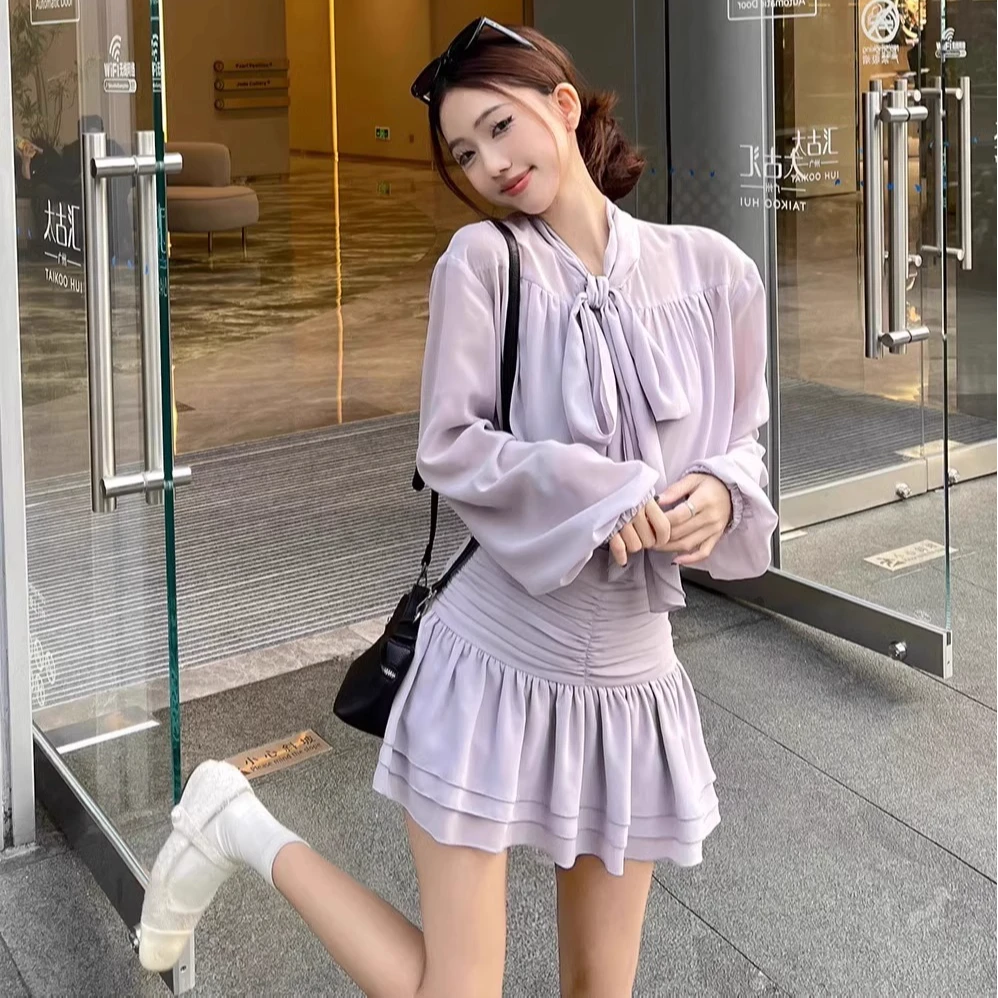 【闪光少女】温柔风紫色衬衫套装女衬衣独特上衣半身裙套装三件套