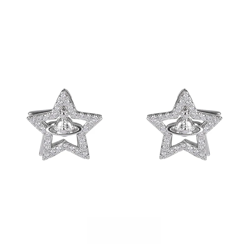 铜合金合成锆石耳饰 气质满钻星星耳环前式耳钉土星耳饰设计感ins