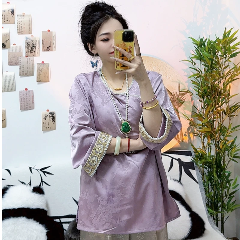 【WDP】2025年春季新款新中式国风打底衬衫女斜襟钉珠上衣