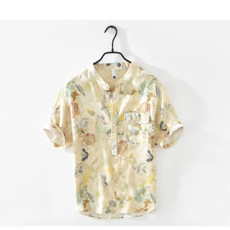 复古立领印花短袖亚麻夏季时尚透气衬衫男士休闲宽松青年文艺棉麻