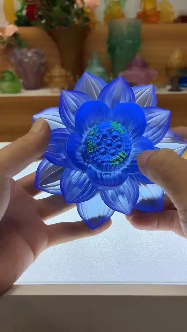 琉璃手工艺品蓝色佛前莲花14公分