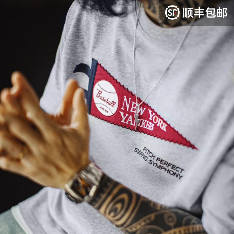马登工装美式复古贴布刺绣T恤花灰色洋基重磅纯棉棒球短袖男夏季
