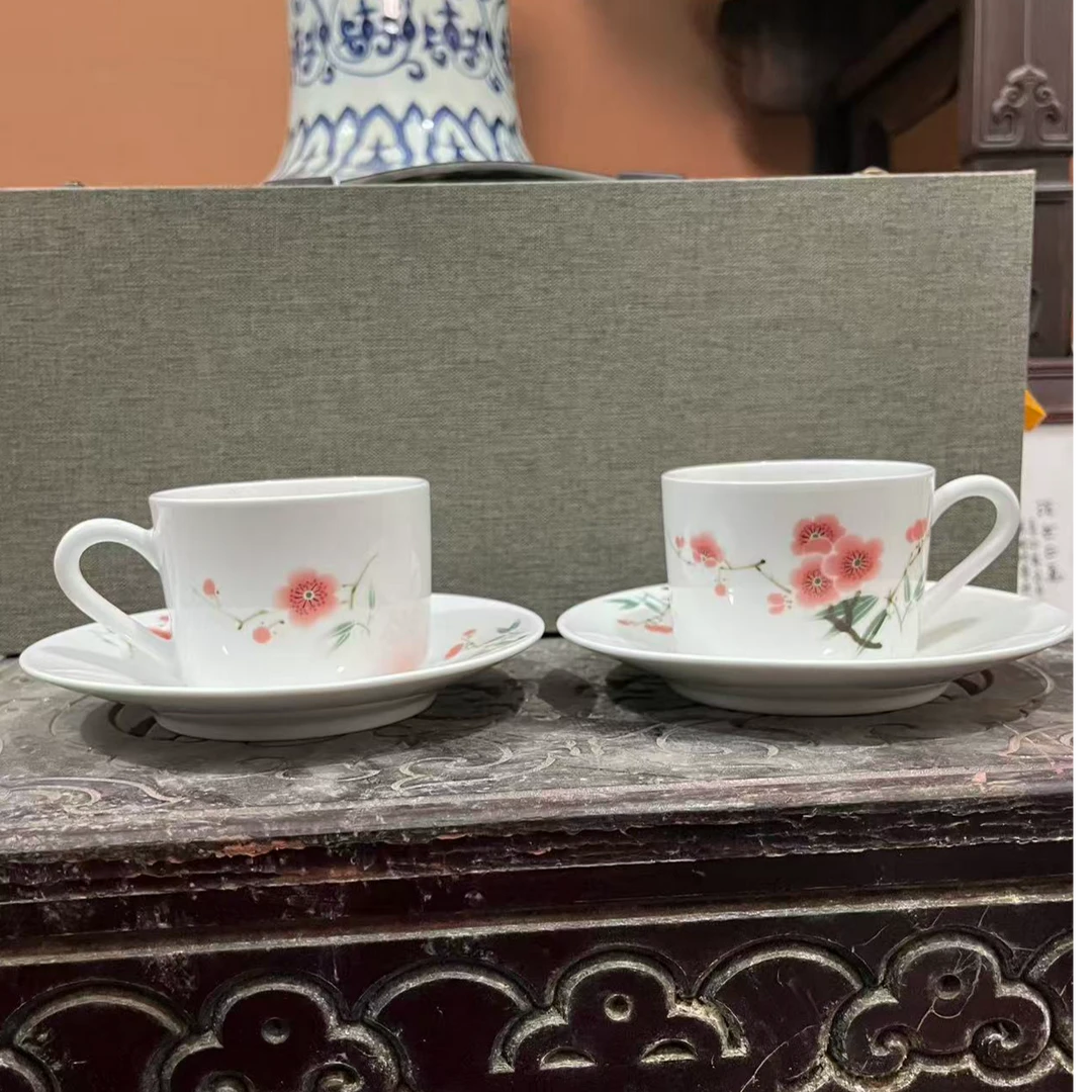 粉彩翠竹红梅咖啡杯一对