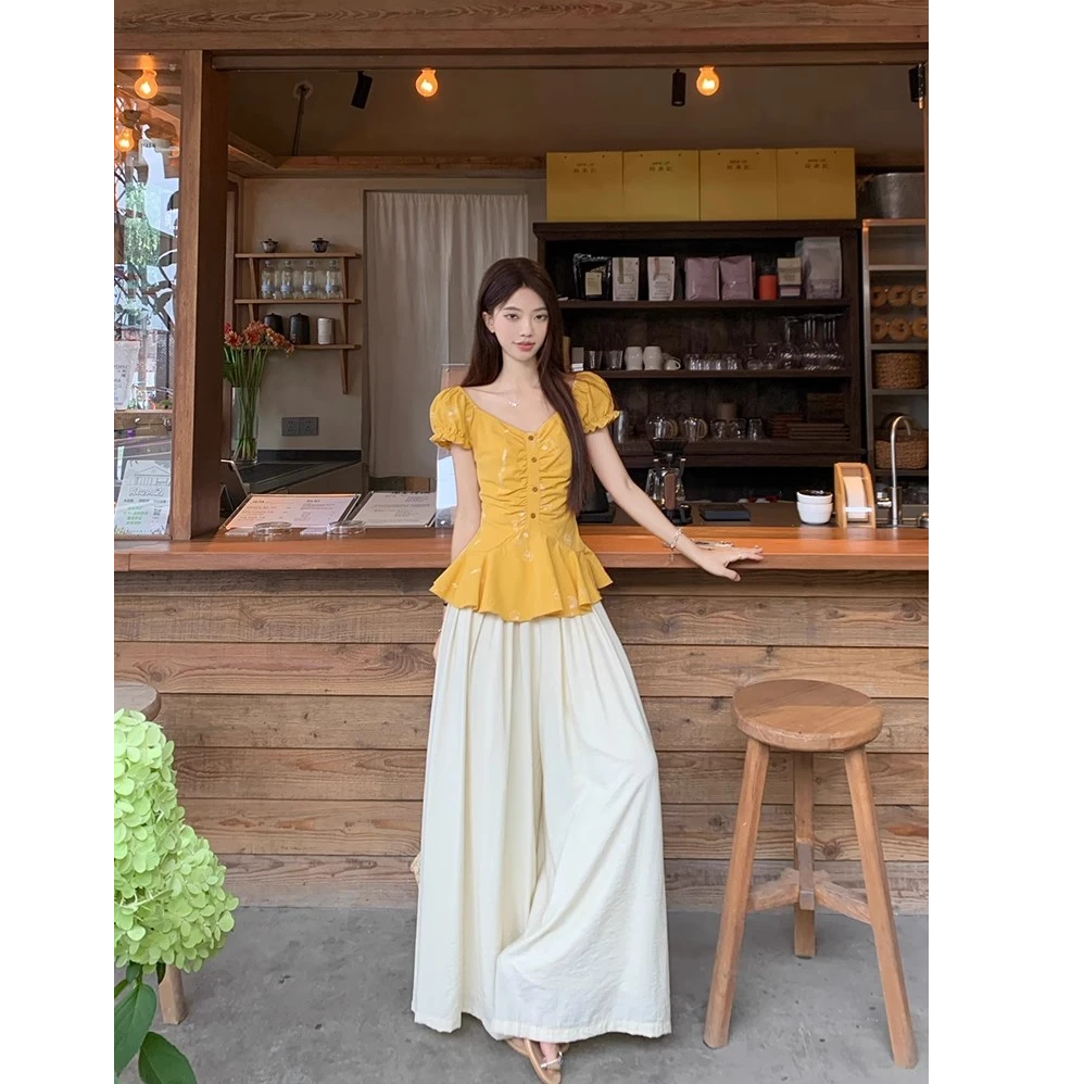 法式甜美泡泡袖衬衫女2025夏季新款收腰显瘦压褶洋气别致小衫上衣