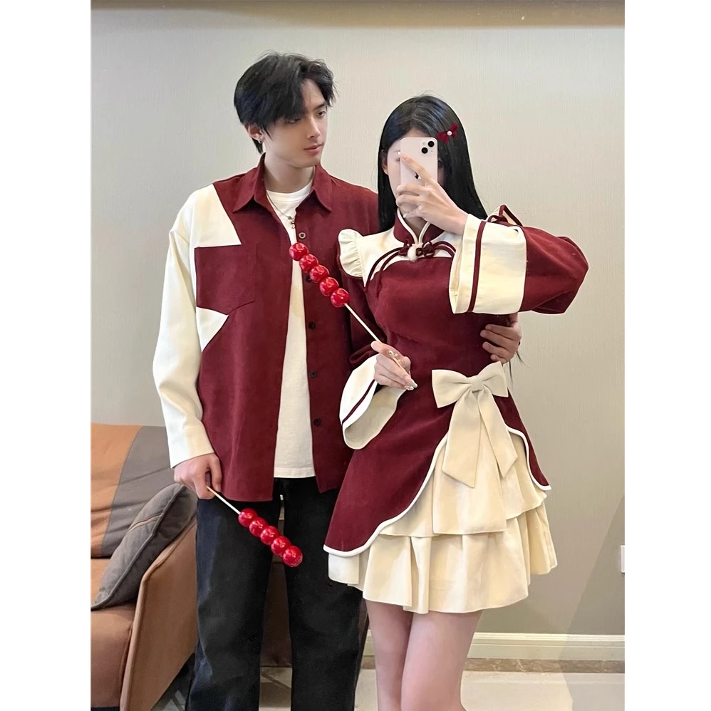 小众设计感情侣装秋冬新中式红色圣诞新年连衣裙韩版法式一裙一衣