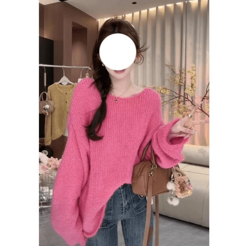 2025粉色圆领镂空修身套头针织衫女长袖常规款田园风毛衣上衣新款