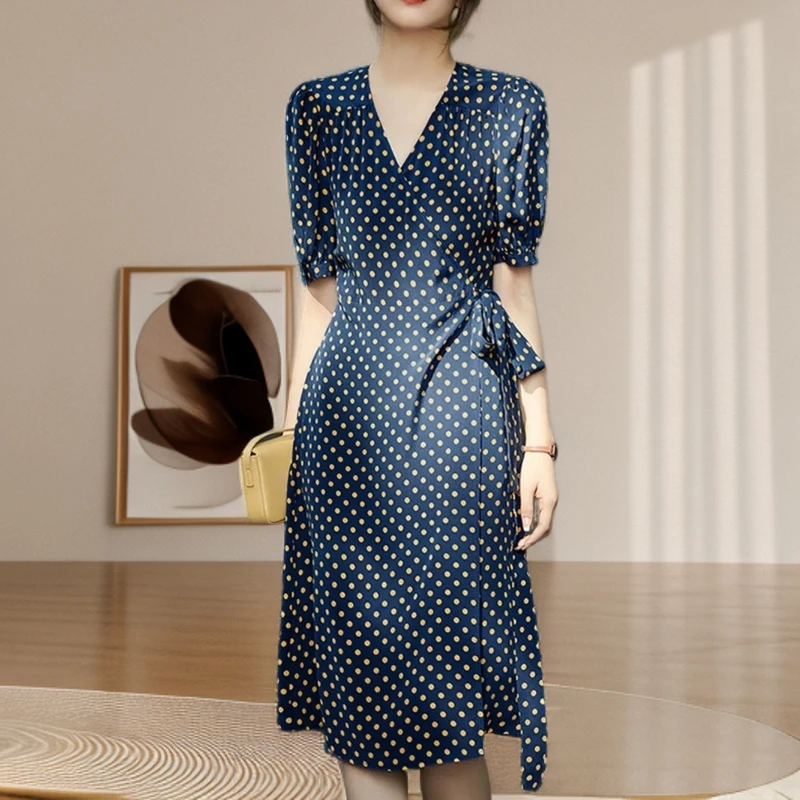 【859连衣裙】薇乐波点气质蓝色时尚夏季法式收腰中长款