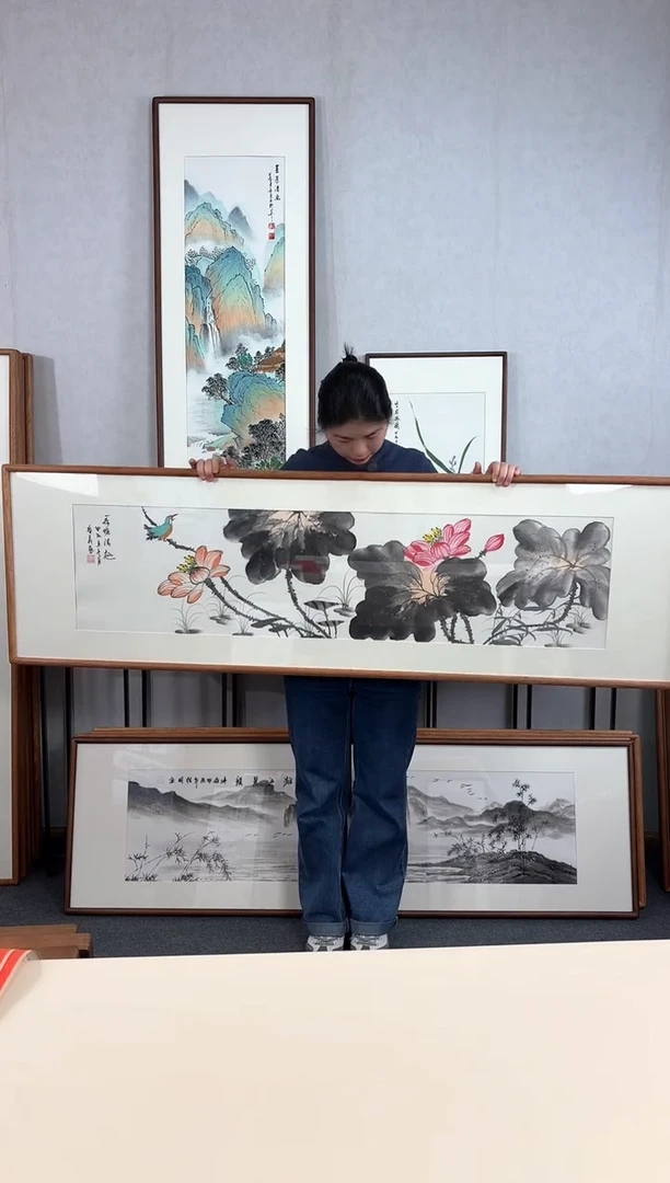 【闪购商品】国画手绘*荷塘清趣*52*172cm实木框