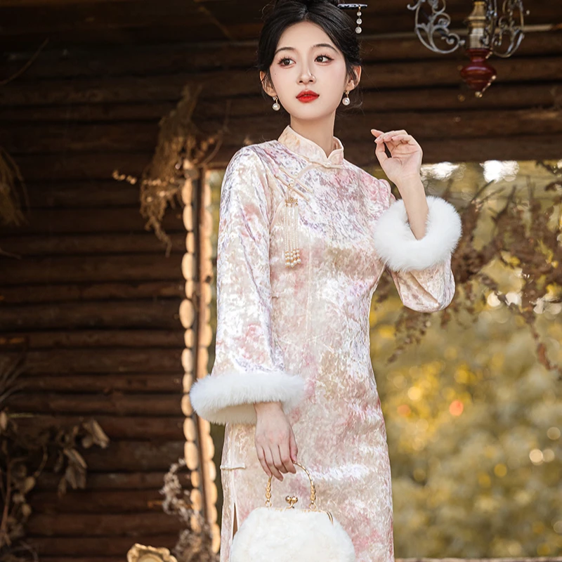 【青未了】冬季新款云岚绒少女气质加厚加绒秋冬冬款日常显瘦旗袍