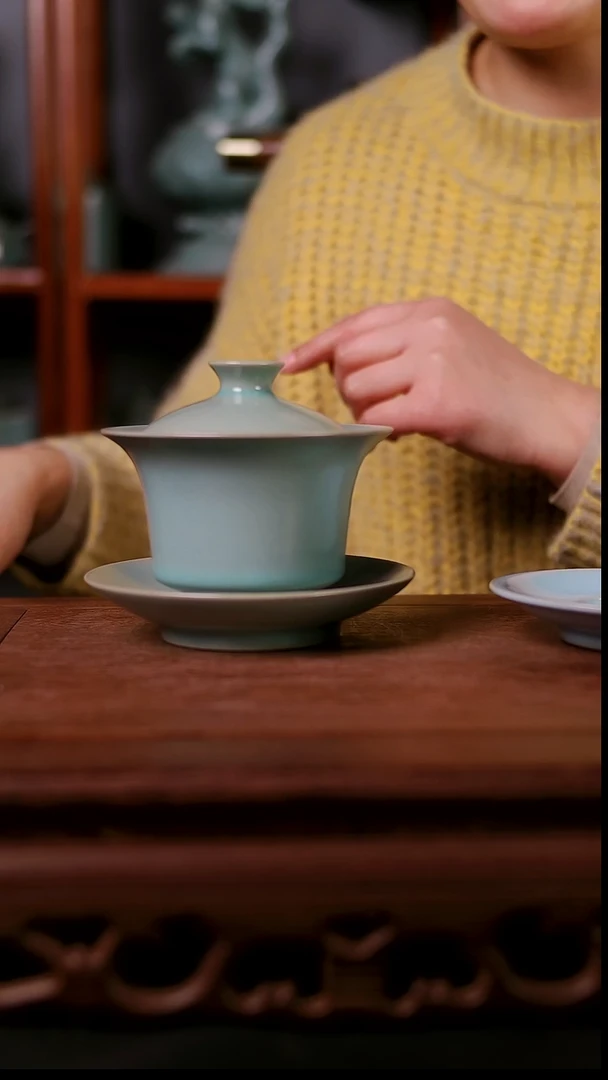 盖碗陶青霁汝窑仿古釉   马蹄盖碗微微瑕