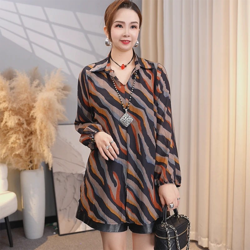 时尚百搭条纹衬衫女长袖2025早春新款气质印花衬衣女宽松显瘦上衣