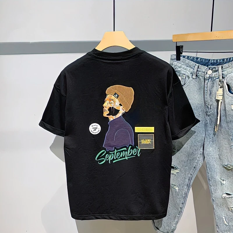 2025夏季新款短袖t恤男潮牌图案人物印花圆领修身纯棉休闲百搭潮