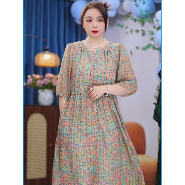 【七彩丹霞】夏季新款时尚显瘦连衣裙中长款国风长裙妈妈装裙子