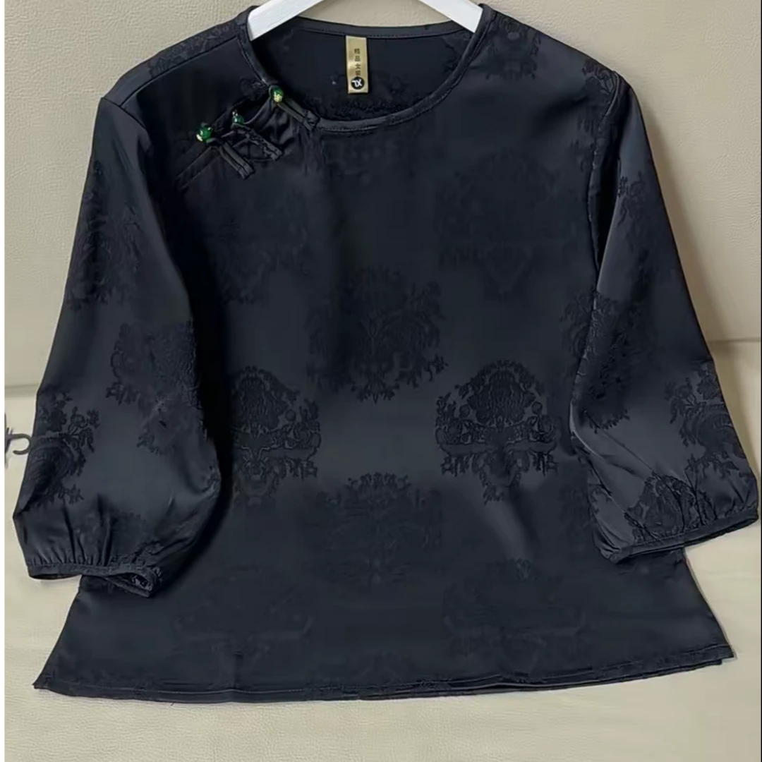 610新中式斜襟薄款提花桑蚕丝小衫时尚圆领打底上衣七分袖女款