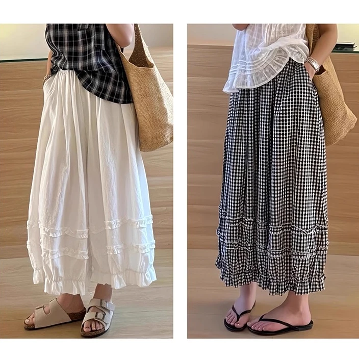 韩系ing风新款!慵懒风甜美格子大阔腿梨形显瘦九分休闲灯笼裤T