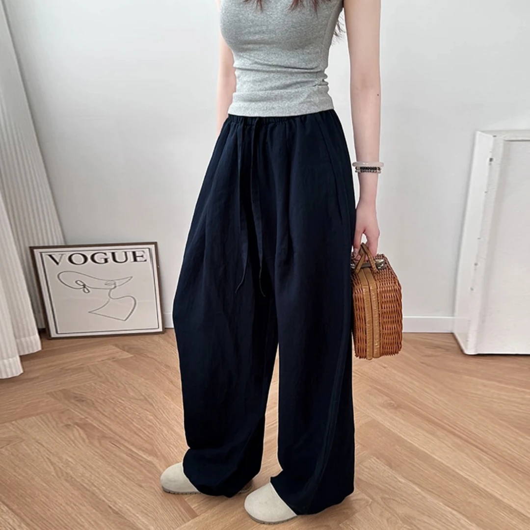 【现货+原版】天丝亚麻夏季时尚百搭抽绳松紧腰简约弯刀裤休闲裤
