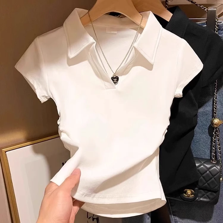 螺纹polo领短袖T恤女夏季收腰紧身褶皱齐腰正肩短款洋气卡腰上衣