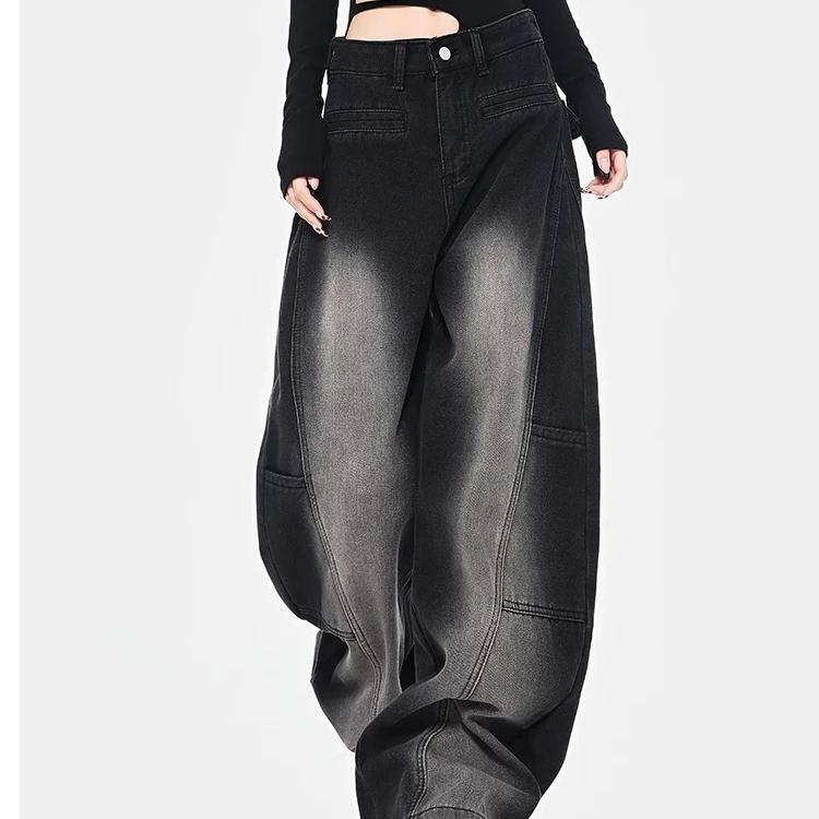 （01-100）新款皇后阔腿裤潮牌个性款弯刀裤直筒水洗拼接破洞宽松