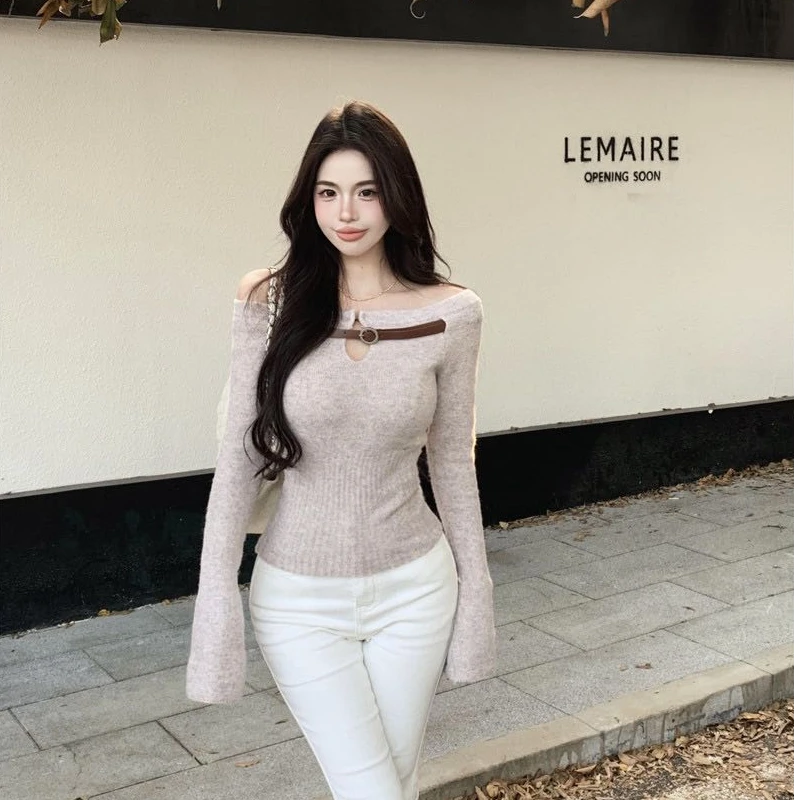 性感辣妹设计感外穿长袖修身上衣气质显瘦洋气休闲百搭长裤两件套