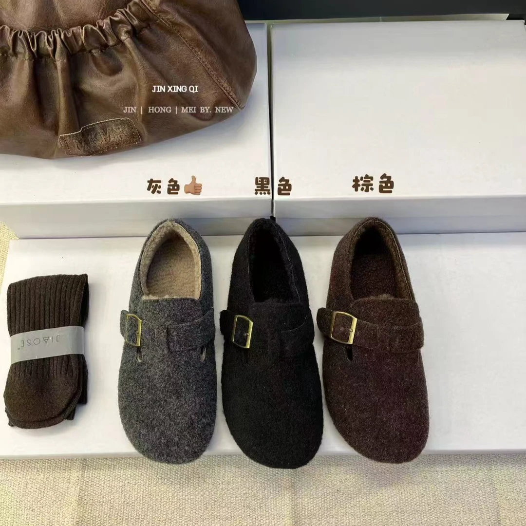 899-11a小香风毛呢玛丽珍鞋皮鞋方扣女新品保暖毛毛鞋棉鞋法式