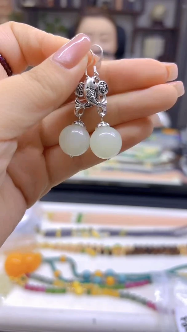 和田玉（白玉）银S925镶嵌耳饰DIY款E783