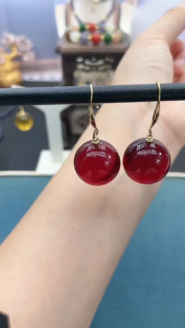 银S925镶嵌血珀耳饰20mm血泊耳钩