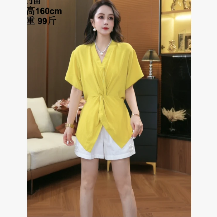 【鑫蕾】扭结设计感短袖衬衫收腰系带正肩V领上衣28878