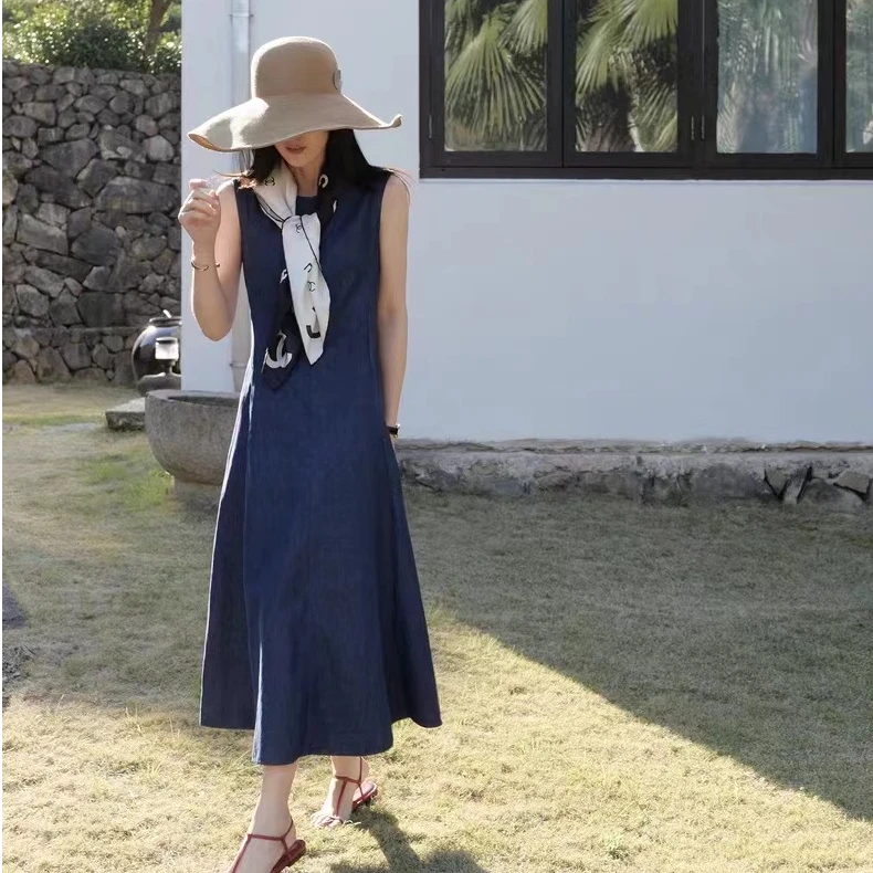 二哥二嫂(天丝亚麻连衣裙）夏季高定藏青色亚麻连衣裙