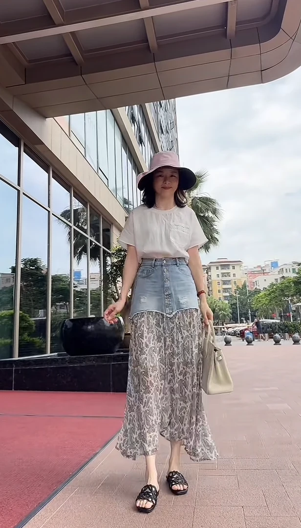 YSF夏季新款显瘦印花拼接牛仔半身裙69232