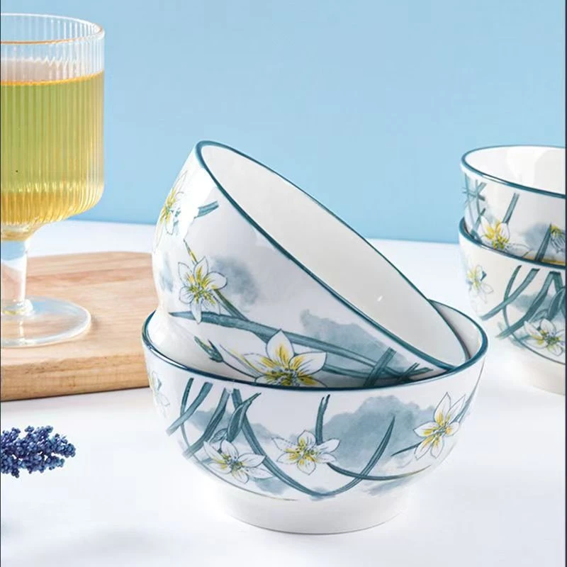 瓷县令4.5英寸水仙花米饭碗10只装装手绘釉下彩工艺家用吃饭陶瓷