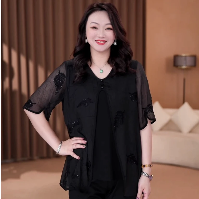 大码女装开叉V领衬衫时尚气质显瘦休闲宽松中国风上衣ZB7189