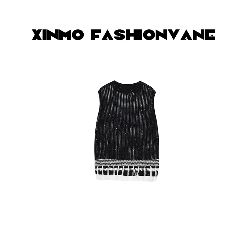 【XINMO】通勤气质设计师镂空无袖下摆流苏背心针织衫女士C05150505