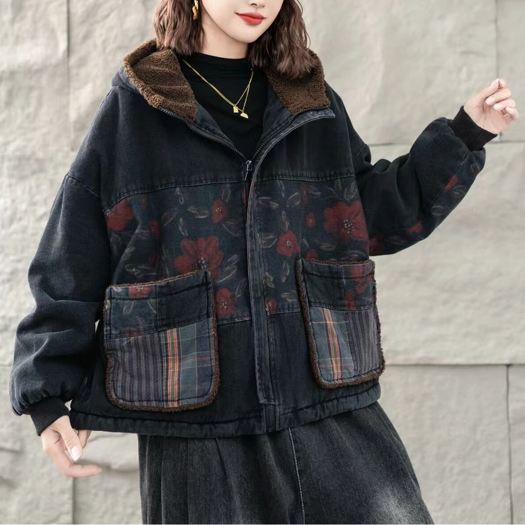 628新款冬季复古宽松加绒加厚保暖棉服女休闲百搭连帽棉衣外套