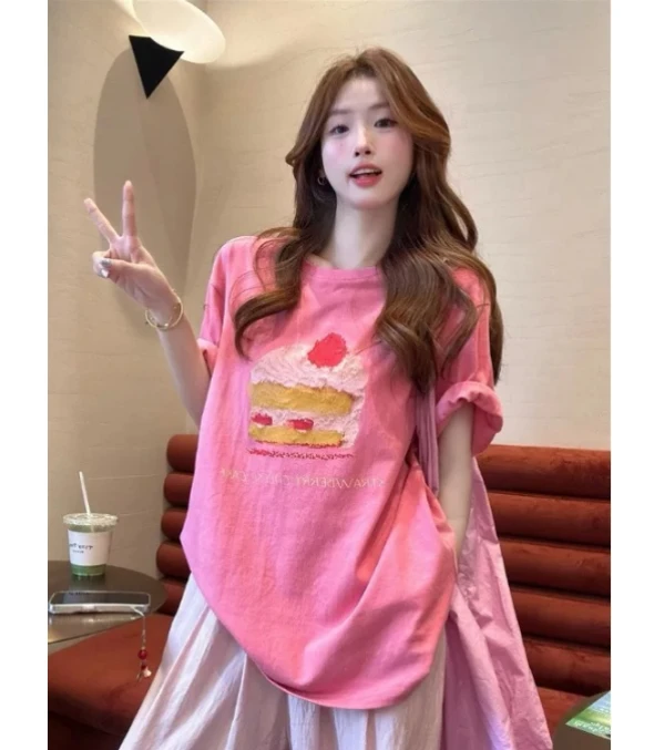JIEJIE-【草莓奶油蛋糕】韩系简约百搭圆领短袖T恤