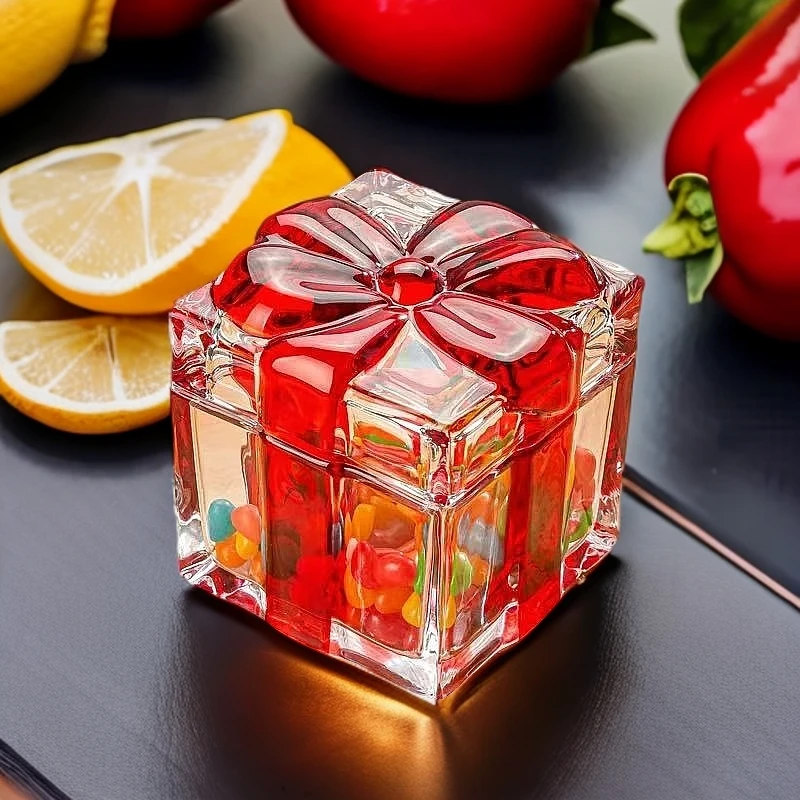 水晶玻璃方形糖果罐厚重轻奢储物罐欧式糖罐摆件果盘带盖