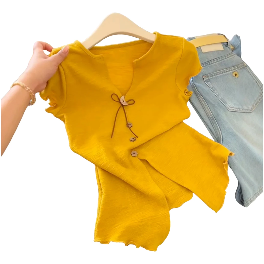 韩系时尚黄色v领系带短袖t恤女夏季修身收腰小衫百搭显瘦开叉上衣