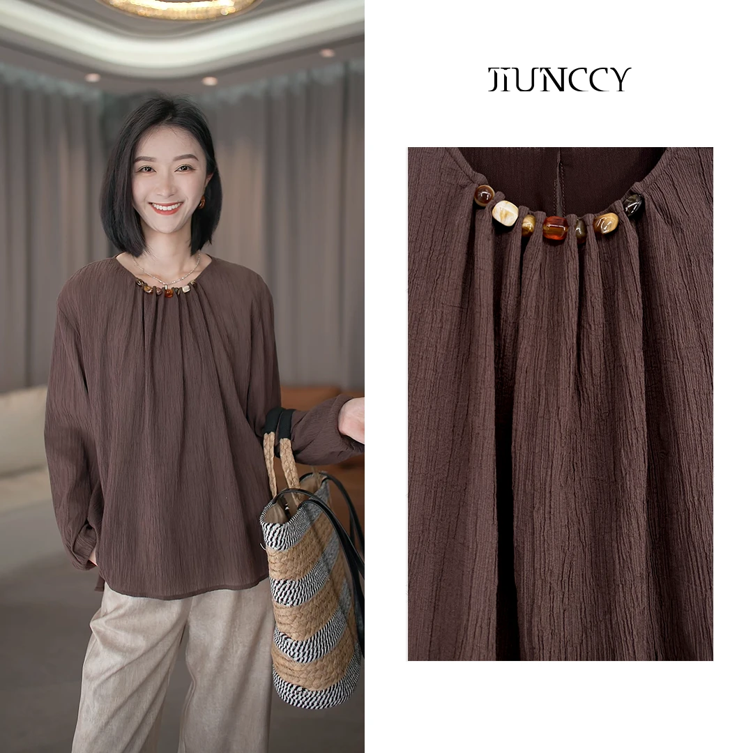 JIUNCCY【连珠】复古手工串珠圆领褶皱肌理感长袖上衣 52YCY033