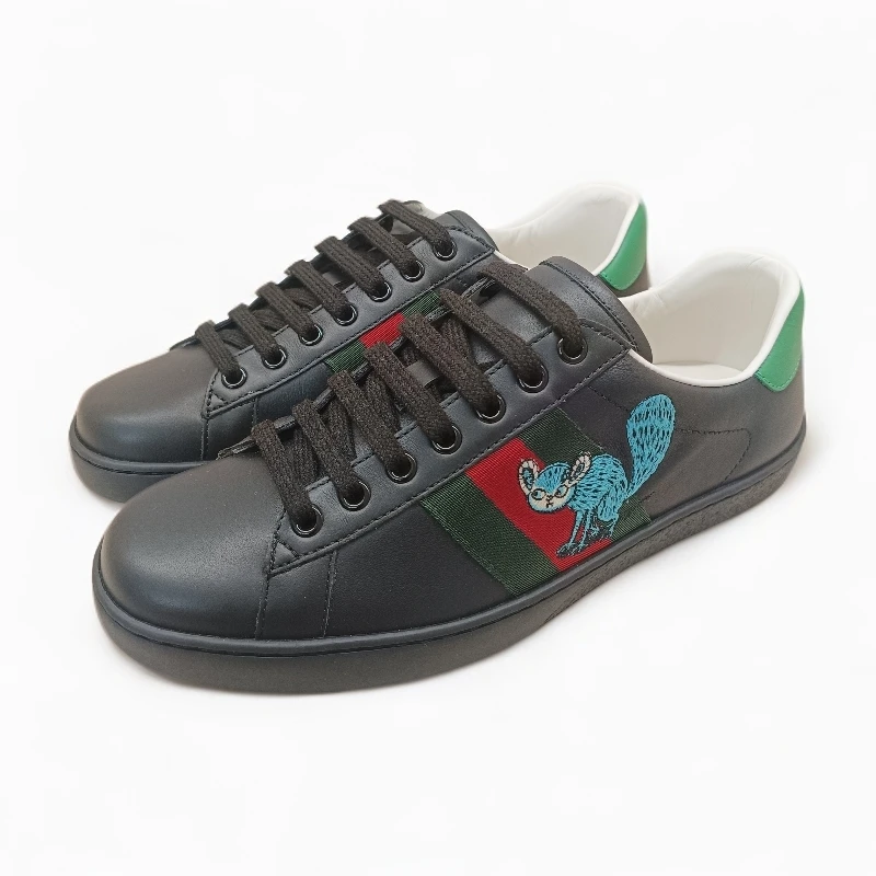 未使用 GUCCI/古驰 小怪兽红绿侧边织带黑色板鞋休闲男士
