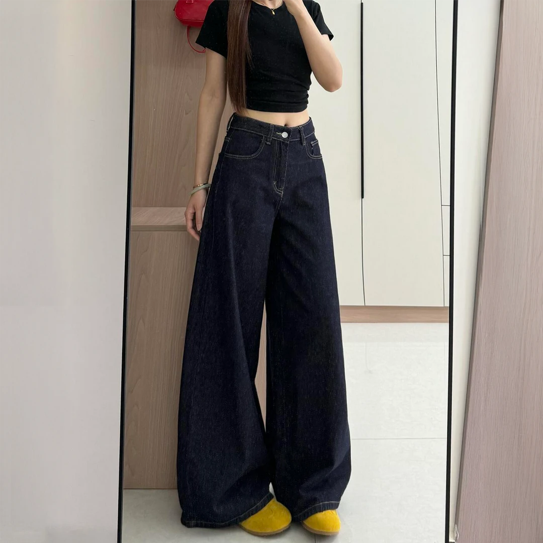 美式深蓝色阔腿牛仔裤女夏季薄款胖妹妹mm高腰宽松显瘦垂感阔腿裤