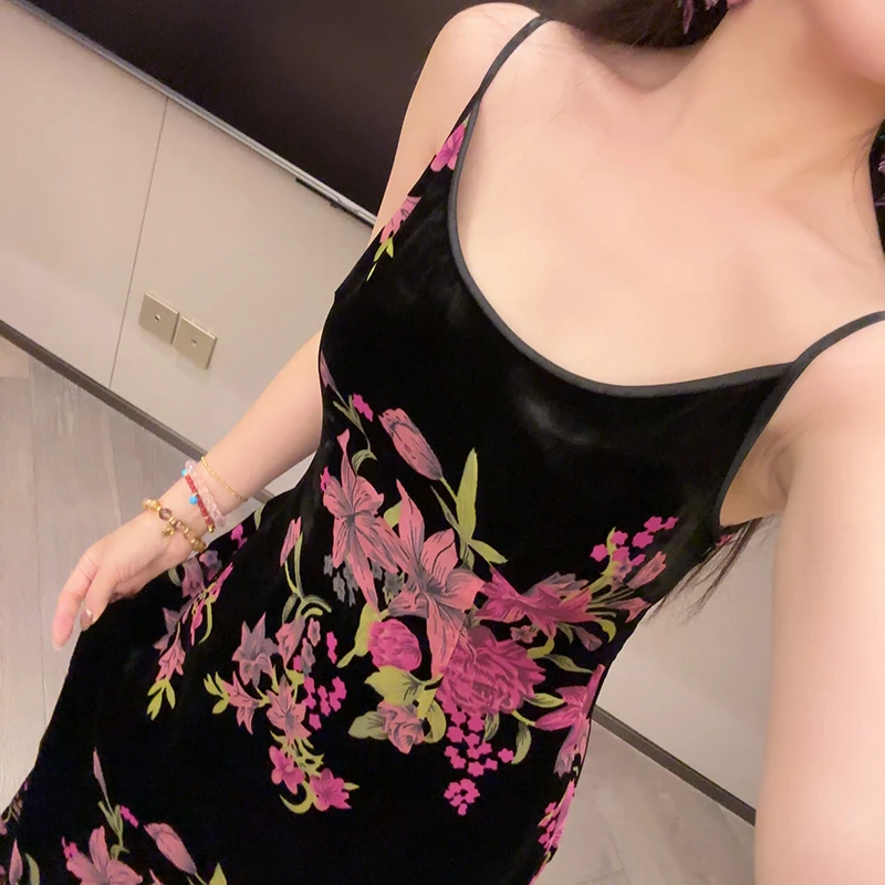 月下微凉｜紫百合真丝烂花绒新中式吊带设计感显瘦连衣裙