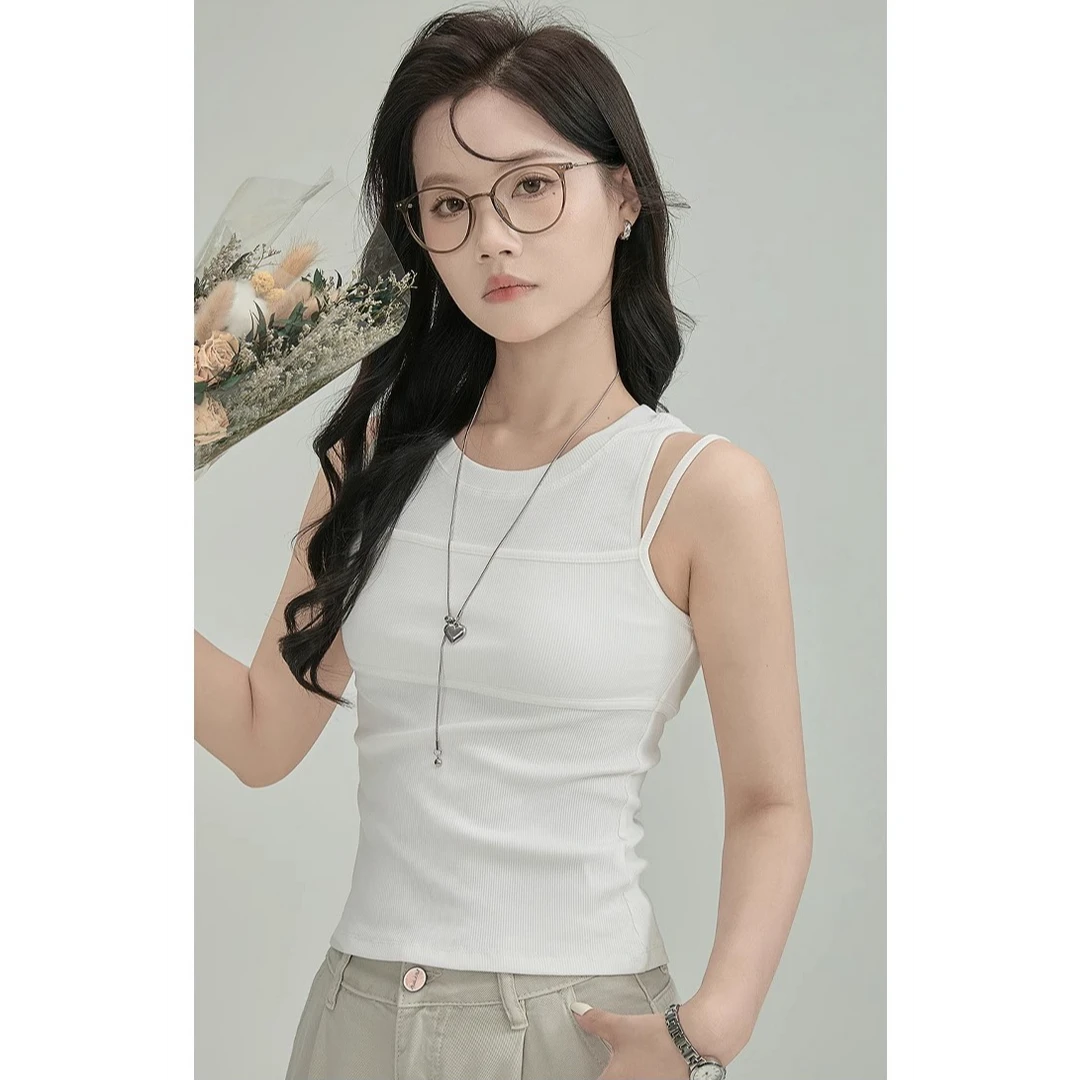 GUIER/桂儿假两件吊带背心女修身显瘦休闲百搭圆领白色上衣27489