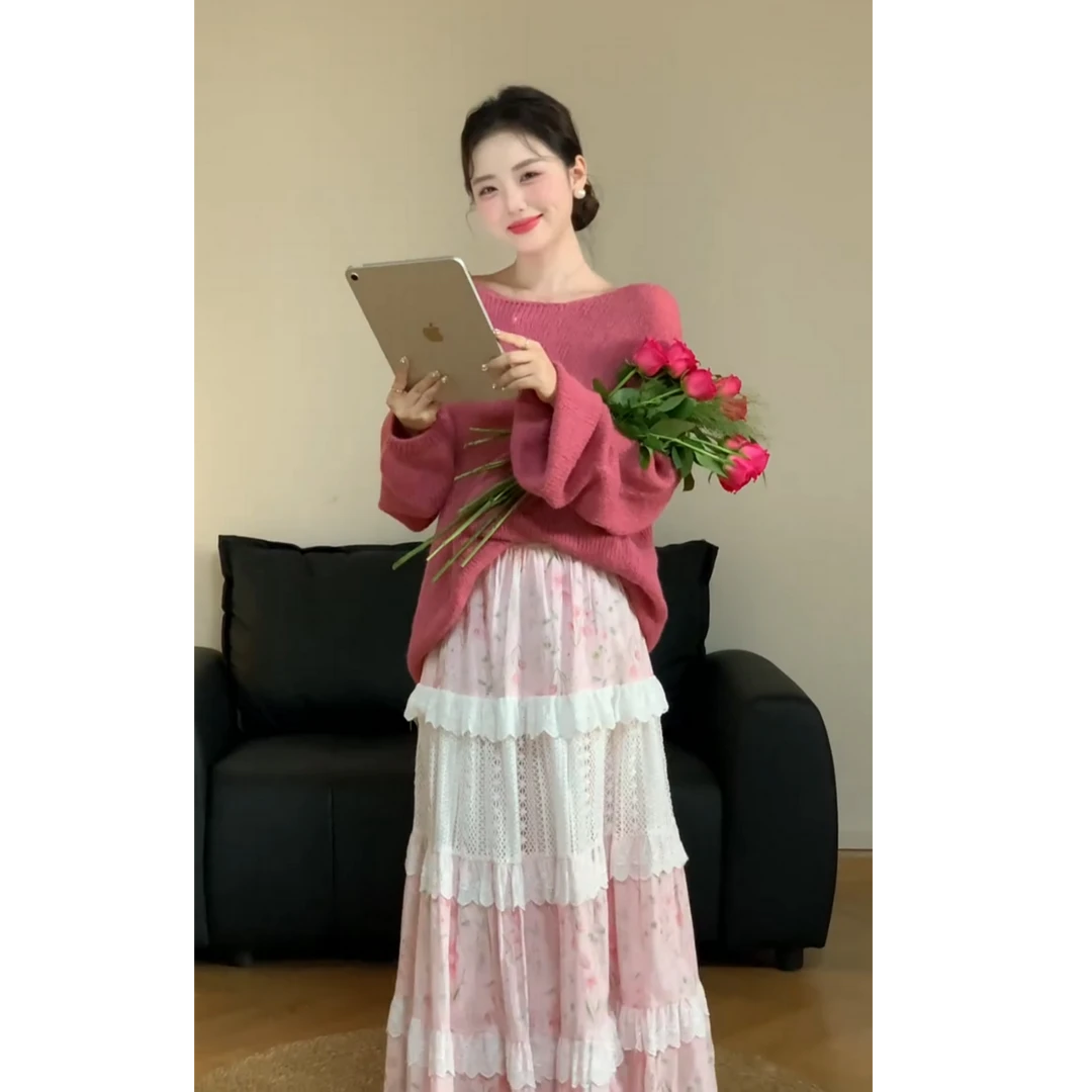 2025超火一整套韩版时尚慵懒风甜美减龄长袖上衣半身裙两件套