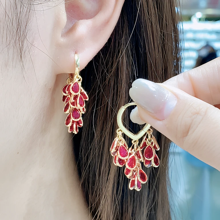 铜合金合成锆石耳饰 新款水晶金色流苏长款新年耳环红色喜庆耳饰